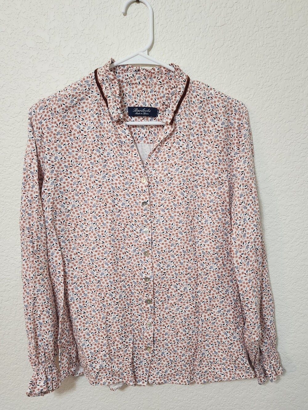 Bariloche Spain Ditsy Floral Viscose Ruffle Collar Blouse Velvet Trim ES 44